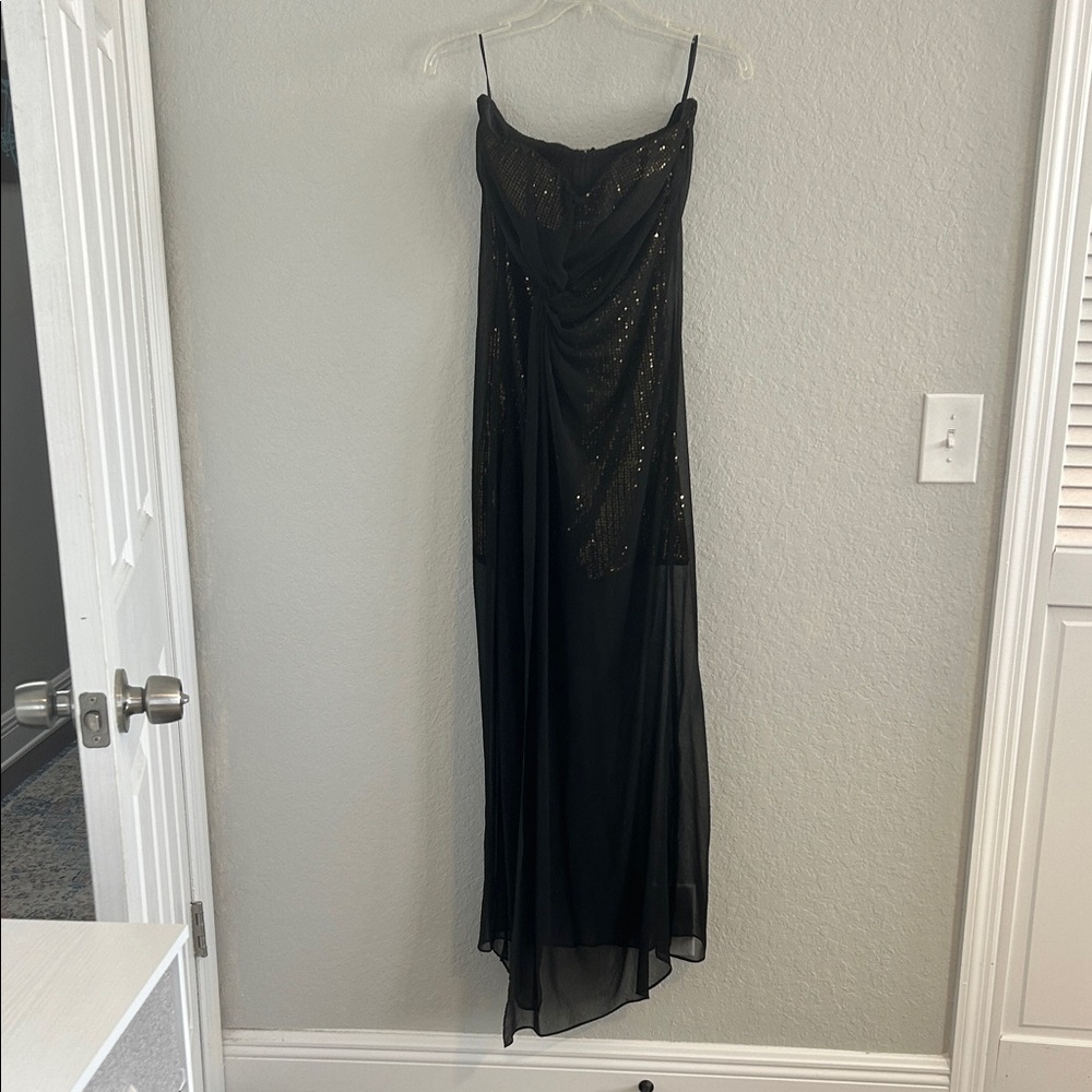 Sexy black and gold mini dress with black sheer overlay